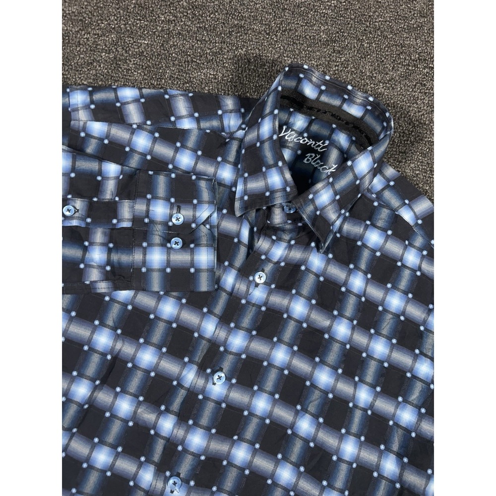 Visconti Black Shirt Men's Small Blue Geometric Windowpane Dress Button Up